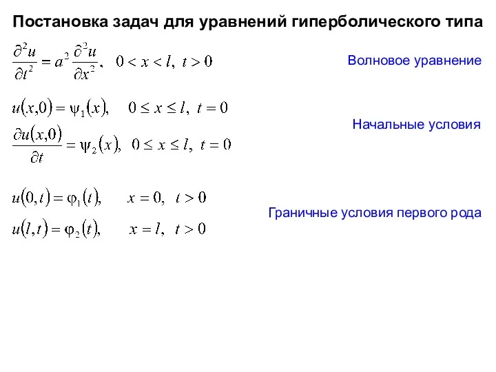 Постановка задач для уравнений гиперболического типа Волновое уравнение Граничные условия первого рода Начальные условия