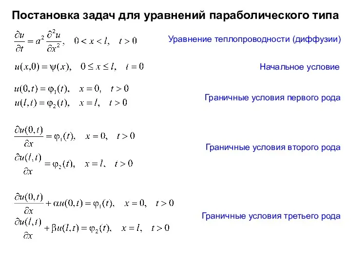 Постановка задач для уравнений параболического типа Уравнение теплопроводности (диффузии) Граничные