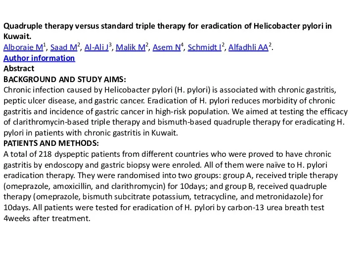 Quadruple therapy versus standard triple therapy for eradication of Helicobacter