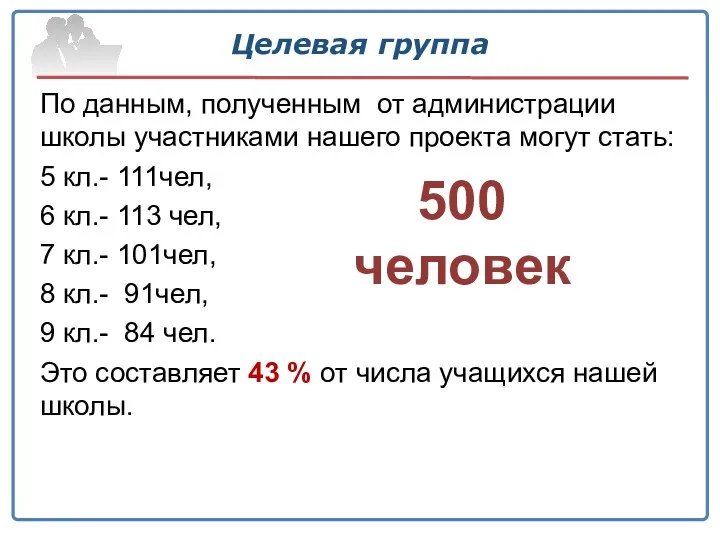 Целевая группа По данным, полученным от администрации школы участниками нашего