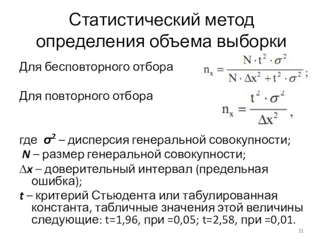 Статистический метод определения объема выборки Для бесповторного отбора Для повторного