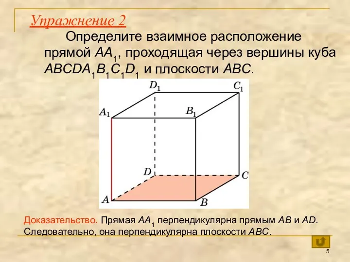 Определите взаимное расположение прямой AA1, проходящая через вершины куба ABCDA1B1C1D1 и плоскости ABC.