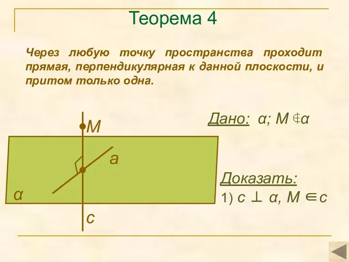 Теорема 4 Через любую точку пространства проходит прямая, перпендикулярная к данной плоскости, и