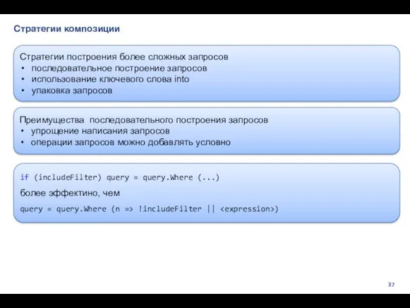 Стратегии композиции Стратегии построения более сложных запросов последовательное построение запросов