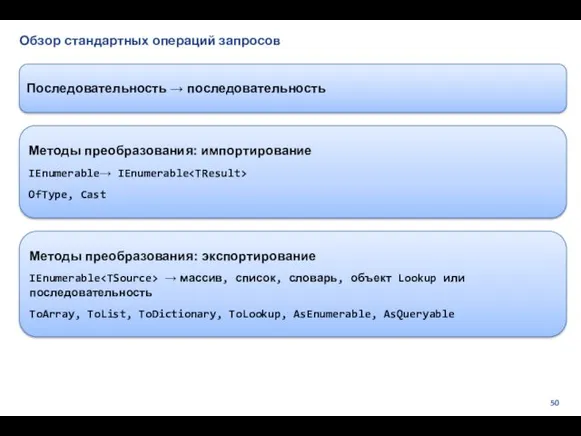 Обзор стандартных операций запросов Последовательность → последовательность Методы преобразования: импортирование