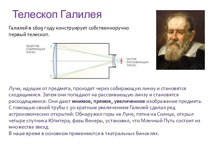 Телескоп Галилея Галилей в 1609 году конструирует собственноручно первый телескоп.