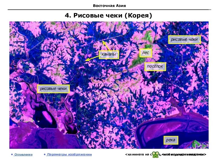 Восточная Азия 4. Рисовые чеки (Корея) Оглавление Параметры изображения река посёлок рисовые чеки рисовые чеки лес