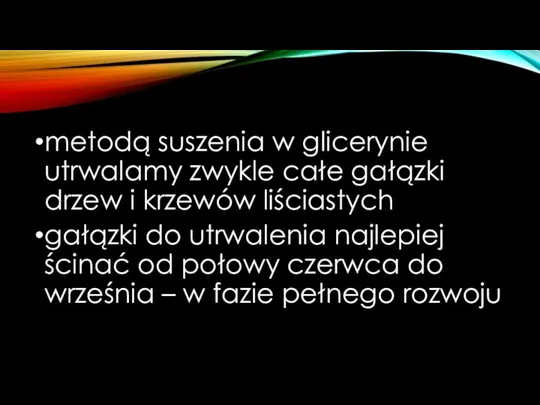 metodą suszenia w glicerynie utrwalamy zwykle całe gałązki drzew i