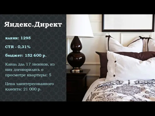 Яндекс.Директ клики: 1295 CTR - 0,31% бюджет: 152 600 р.