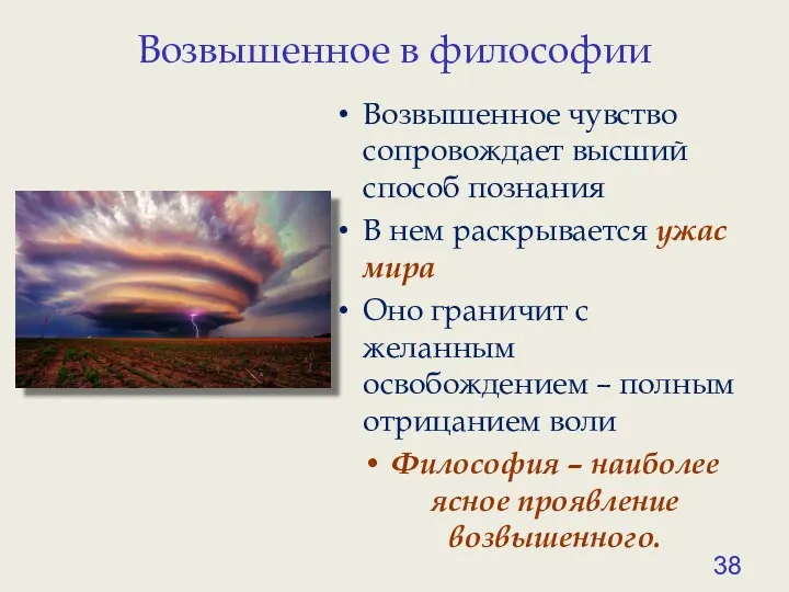 Возвышенное в философии Возвышенное чувство сопровождает высший способ познания В нем раскрывается ужас