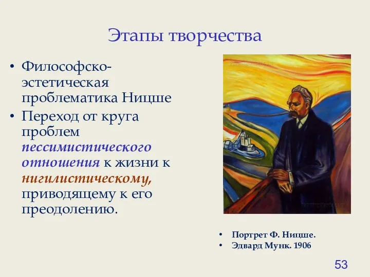 Этапы творчества Портрет Ф. Ницше. Эдвард Мунк. 1906 Философско-эстетическая проблематика Ницше Переход от