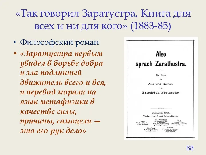 «Так говорил Заратустра. Книга для всех и ни для кого» (1883-85) Философский роман
