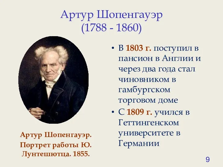 Артур Шопенгауэр (1788 - 1860) Артур Шопенгауэр. Портрет работы Ю. Лунтешютца. 1855. В