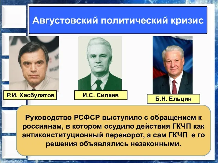 Августовский политический кризис Р.И. Хасбулатов И.С. Силаев Б.Н. Ельцин Руководство