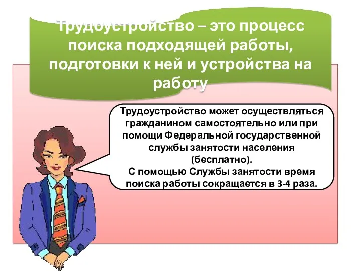 Трудоустройство – это процесс поиска подходящей работы, подготовки к ней