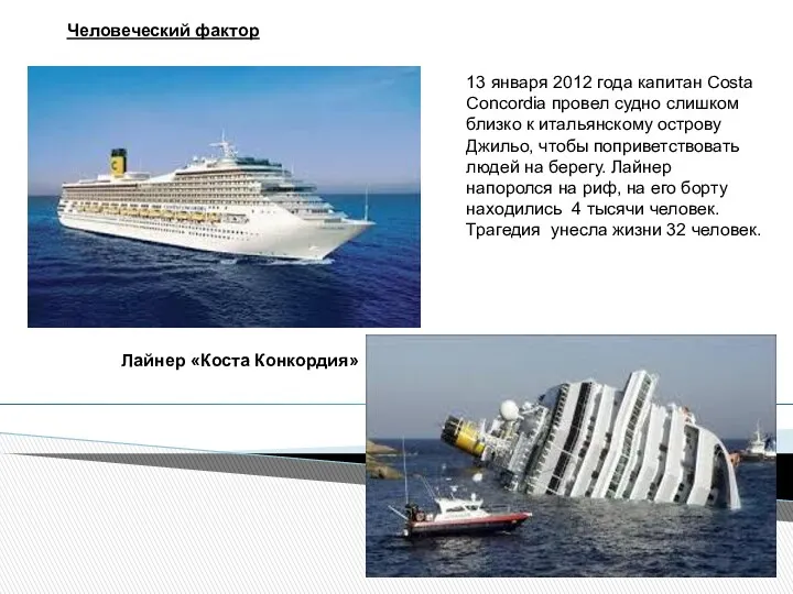 Лайнер «Коста Конкордия» 13 января 2012 года капитан Costa Concordia провел судно слишком