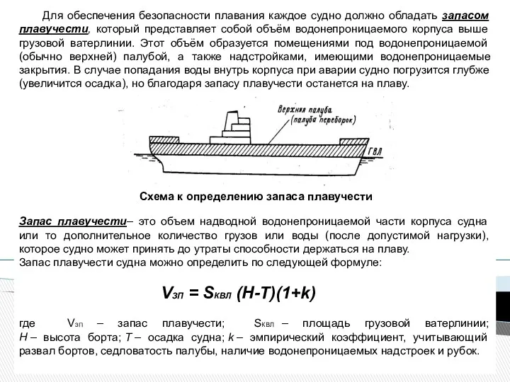 Запас плавучести– это объем надводной водонепроницаемой части корпуса судна или то дополнительное количество