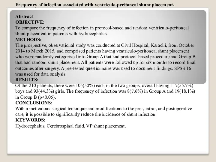 Frequency of infection associated with ventriculo-peritoneal shunt placement. Abstract OBJECTIVE: