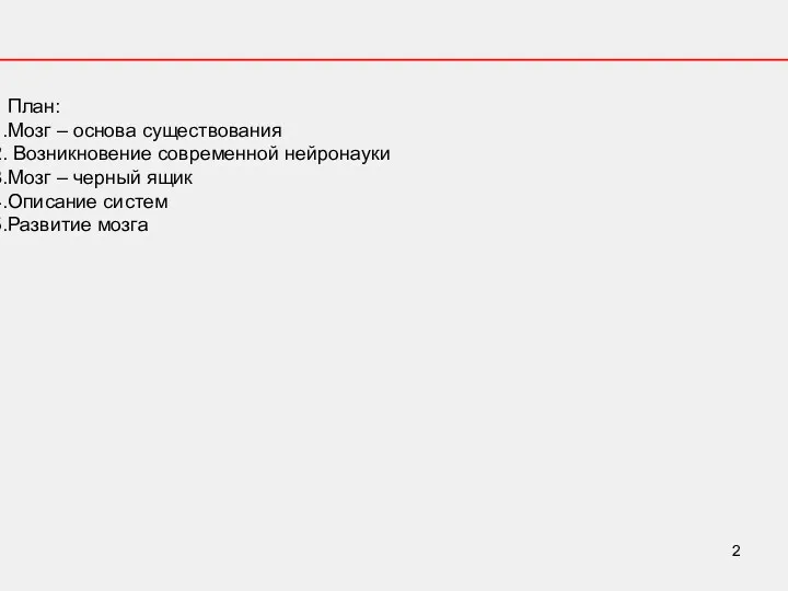 План: Мозг – основа существования Возникновение современной нейронауки Мозг – черный ящик Описание систем Развитие мозга