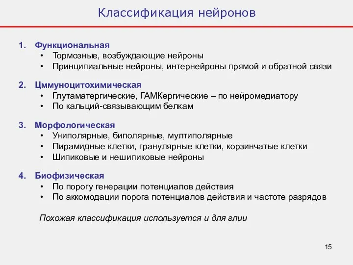 Классификация нейронов Функциональная Тормозные, возбуждающие нейроны Принципиальные нейроны, интернейроны прямой