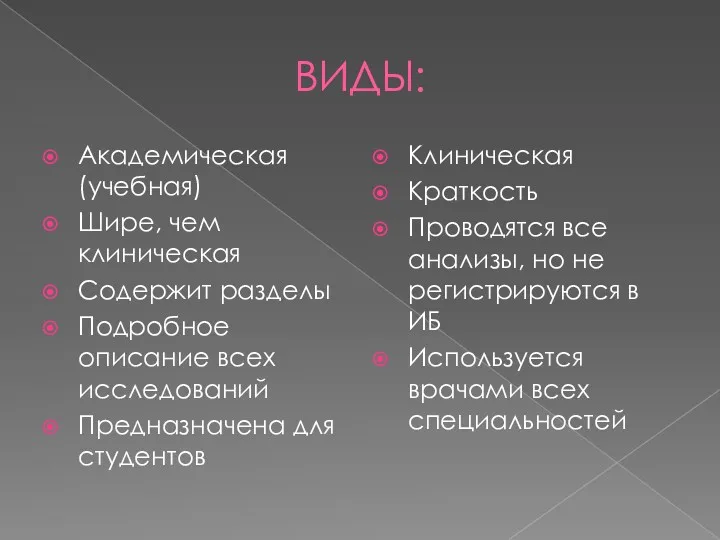 ВИДЫ: Академическая (учебная) Шире, чем клиническая Содержит разделы Подробное описание всех исследований Предназначена