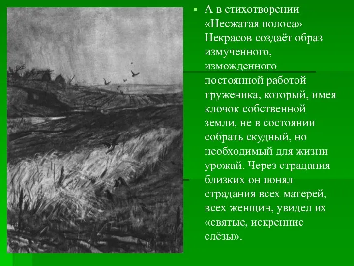 А в стихотворении «Несжатая полоса» Некрасов создаёт образ измученного, изможденного