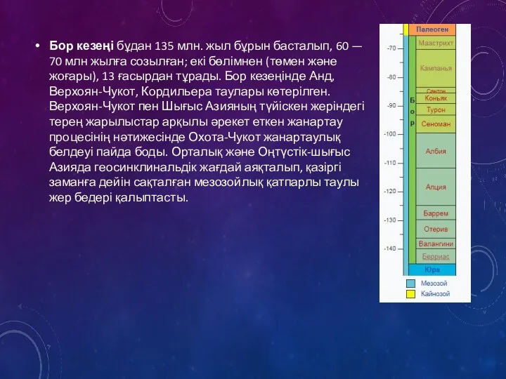 Бор кезеңі бұдан 135 млн. жыл бұрын басталып, 60 —