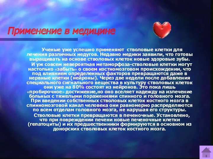 Применение в медицине Ученые уже успешно применяют стволовые клетки для