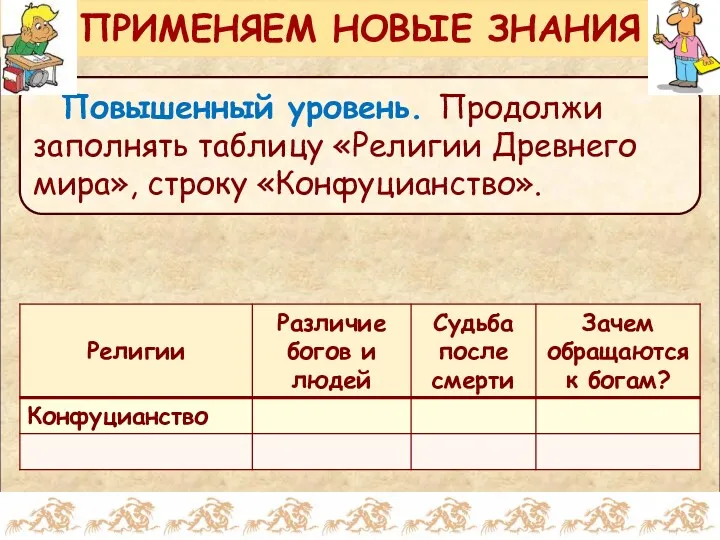 Повышенный уровень. Продолжи заполнять таблицу «Религии Древнего мира», строку «Конфуцианство». ПРИМЕНЯЕМ НОВЫЕ ЗНАНИЯ