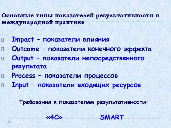 Основные типы показателей результативности в международной практике Impact – показатели влияния Outcome –