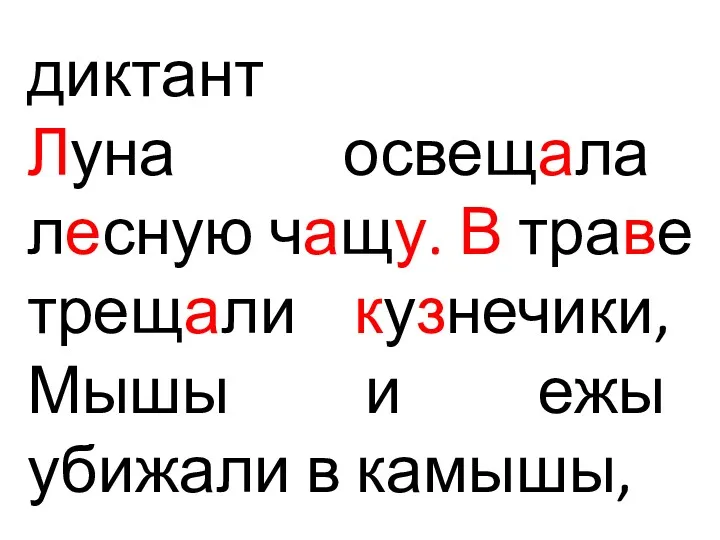 диктант Луна освещала лесную чащу. В траве трещали кузнечики, Мышы и ежы убижали в камышы,