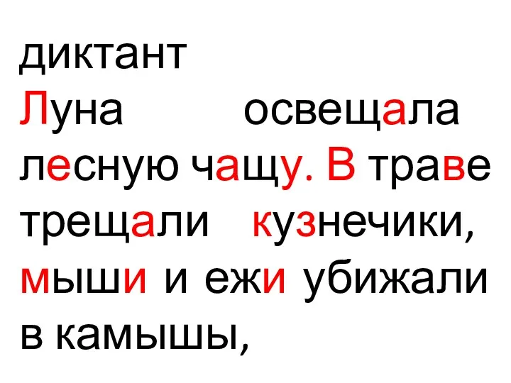 диктант Луна освещала лесную чащу. В траве трещали кузнечики, мыши и ежи убижали в камышы,