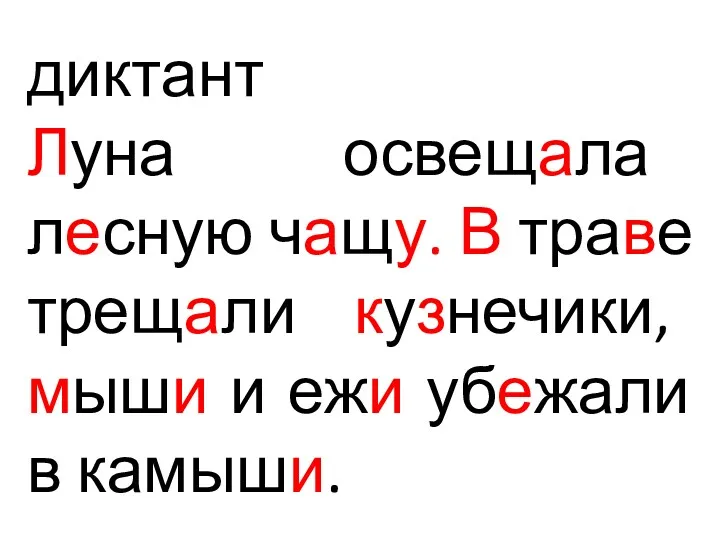 диктант Луна освещала лесную чащу. В траве трещали кузнечики, мыши и ежи убежали в камыши.