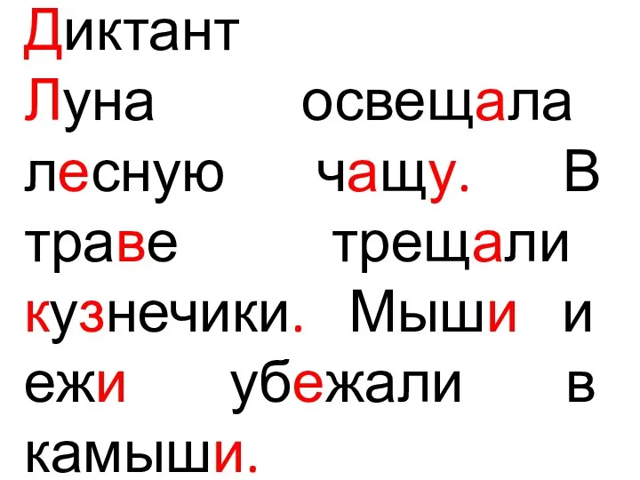 Диктант Луна освещала лесную чащу. В траве трещали кузнечики. Мыши и ежи убежали в камыши.