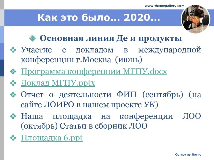 Как это было… 2020… Основная линия Де и продукты Участие