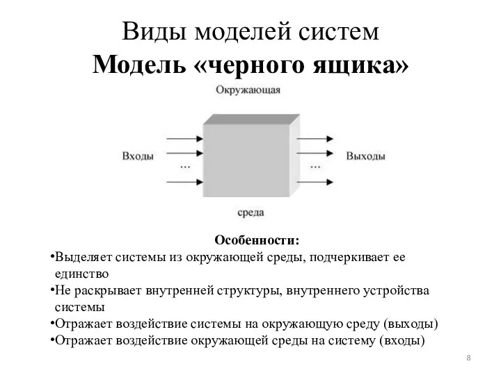 Виды моделей систем Модель «черного ящика» Особенности: Выделяет системы из