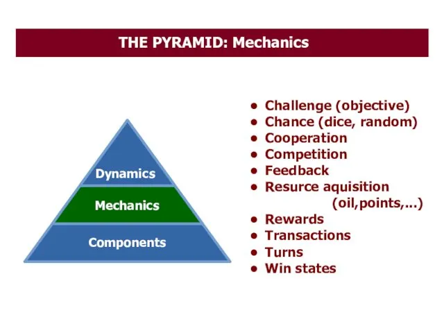 THE PYRAMID: Mechanics Challenge (objective) Chance (dice, random) Cooperation Competition