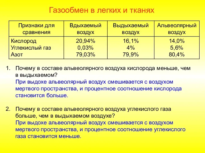 Газообмен в легких и тканях Почему в составе альвеолярного воздуха