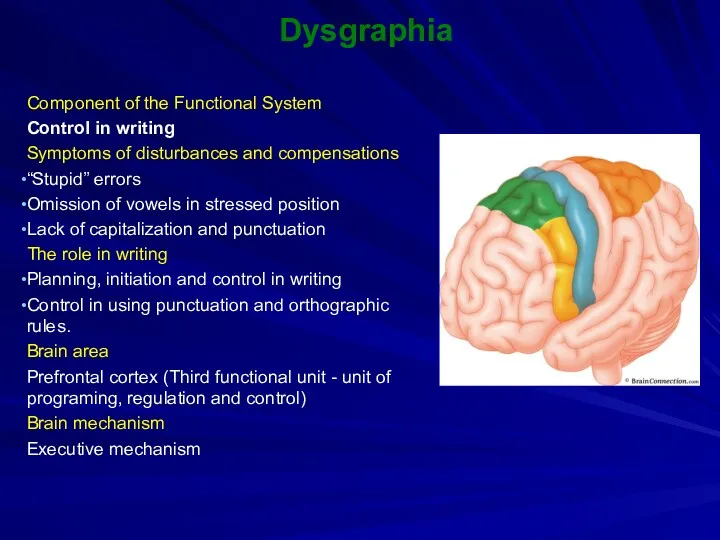 Dysgraphia Component of the Functional System Control in writing Symptoms of disturbances and