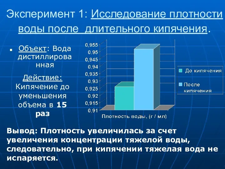 Эксперимент 1: Исследование плотности воды после длительного кипячения. Объект: Вода