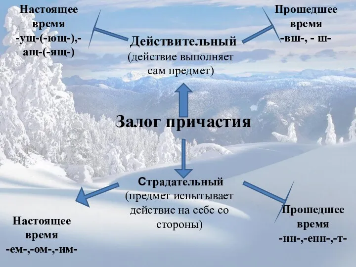 Залог причастия Действительный Страдательный (действие выполняет сам предмет) (предмет испытывает