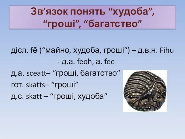 Зв’язок понять “худоба”, “гроші”, “багатство” дісл. fē (“майно, худоба, гроші”)