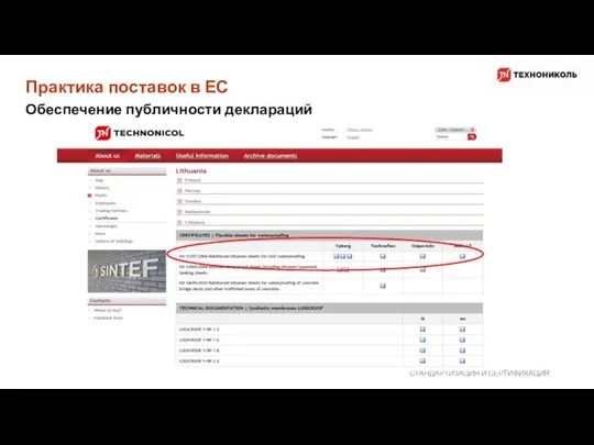Практика поставок в ЕС СТАНДАРТИЗАЦИЯ И СЕРТИФИКАЦИЯ Обеспечение публичности деклараций