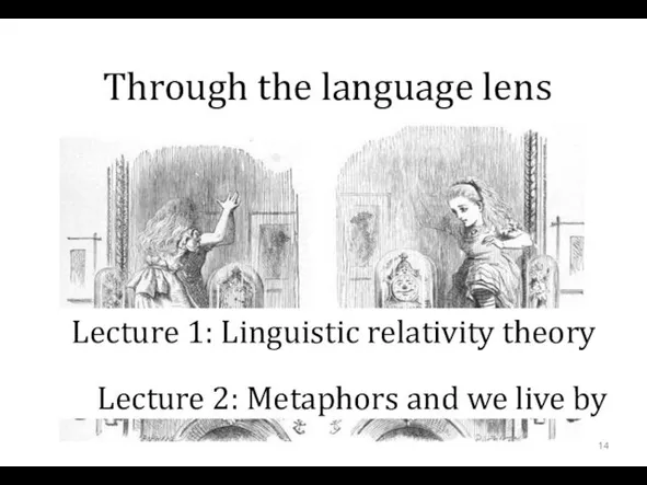 Through the language lens Lecture 1: Linguistic relativity theory Lecture 2: Metaphors and we live by
