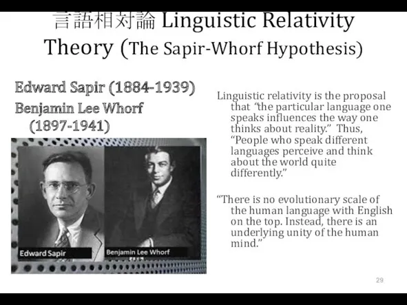 言語相対論 Linguistic Relativity Theory (The Sapir-Whorf Hypothesis) Edward Sapir (1884-1939)