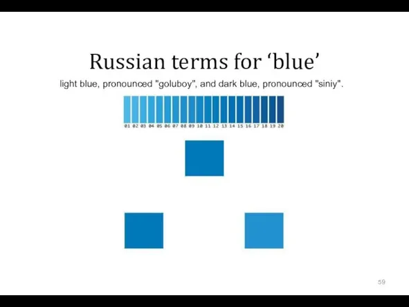 Russian terms for ‘blue’ light blue, pronounced "goluboy", and dark blue, pronounced "siniy".