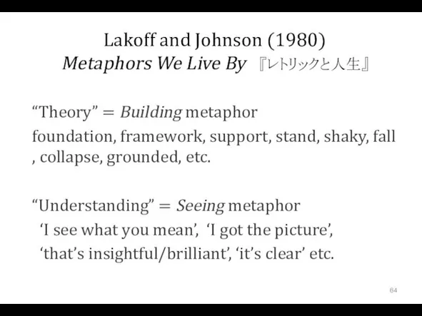 Lakoff and Johnson (1980) Metaphors We Live By 『レトリックと人生』 “Theory”