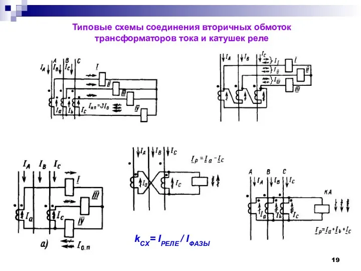 Типовые схемы соединения вторичных обмоток трансформаторов тока и катушек реле kСХ= IРЕЛЕ / IФАЗЫ