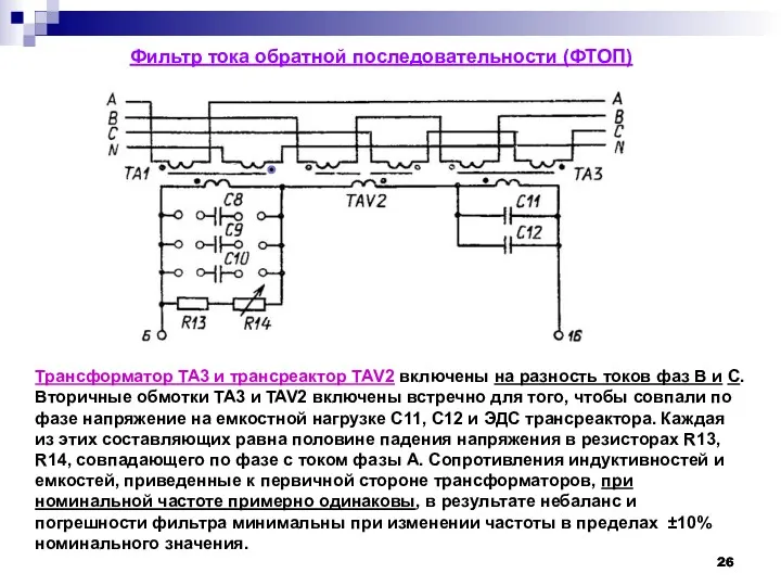 Фильтр тока обратной последовательности (ФТОП) Трансформатор ТА3 и трансреактор ТАV2