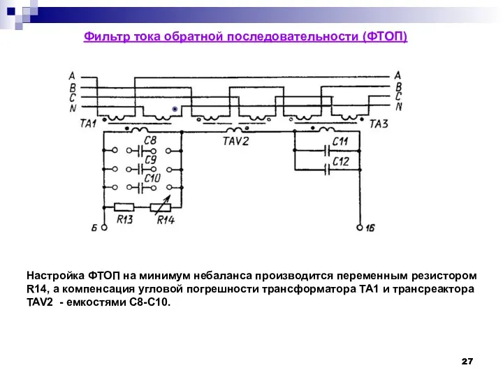 Фильтр тока обратной последовательности (ФТОП) Настройка ФТОП на минимум небаланса